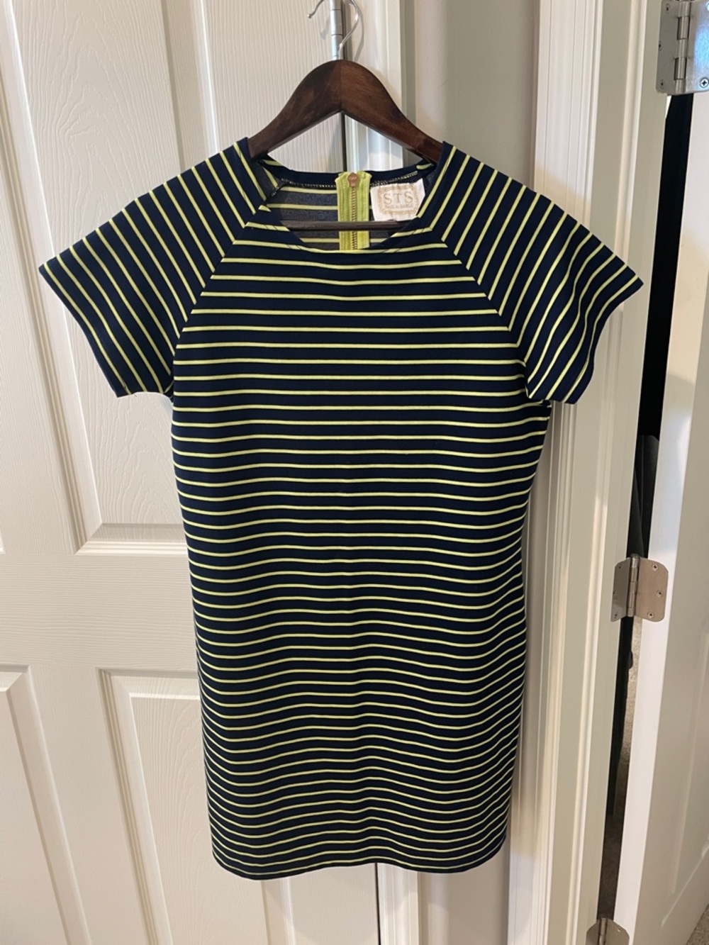 Sail to Sable Navy and Lime Striped Short-Sleeve Sheath Dress